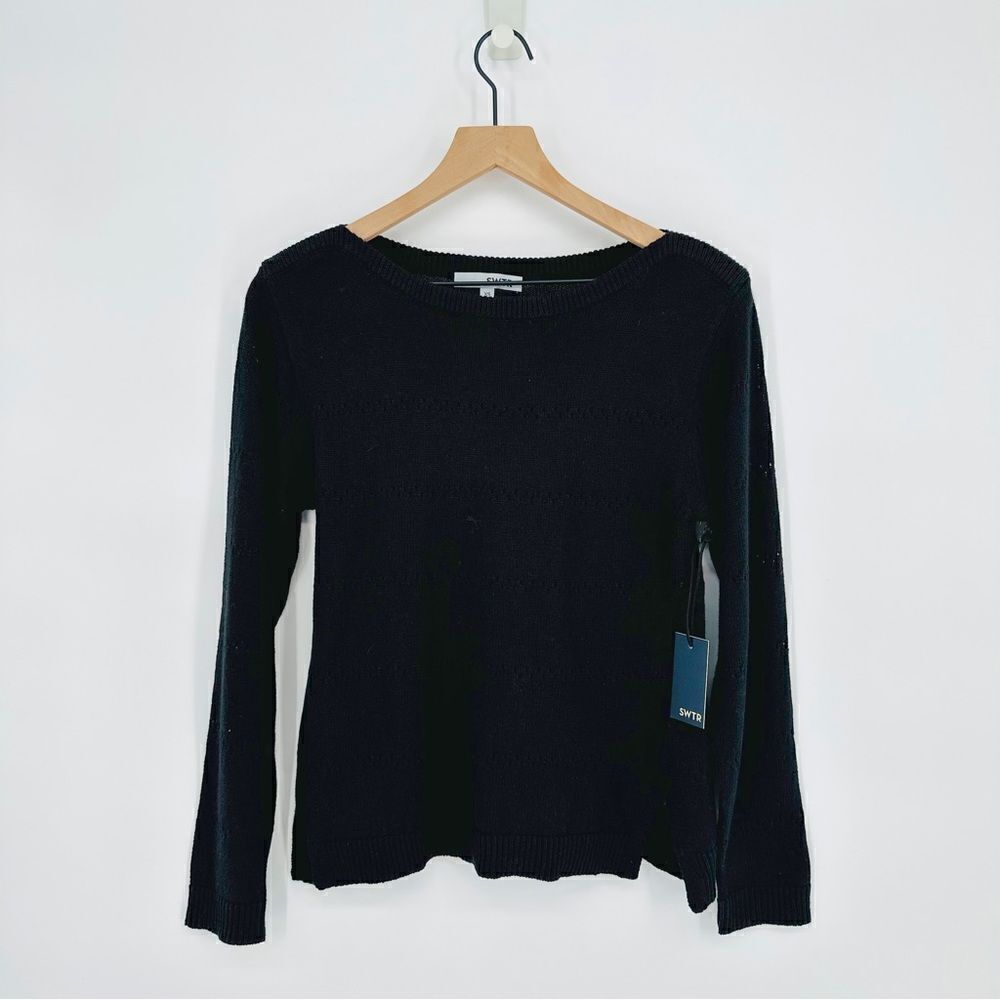 SWTR Pointelle Knit Boatneck Sweater Linen Blend Black Women's XS NEW